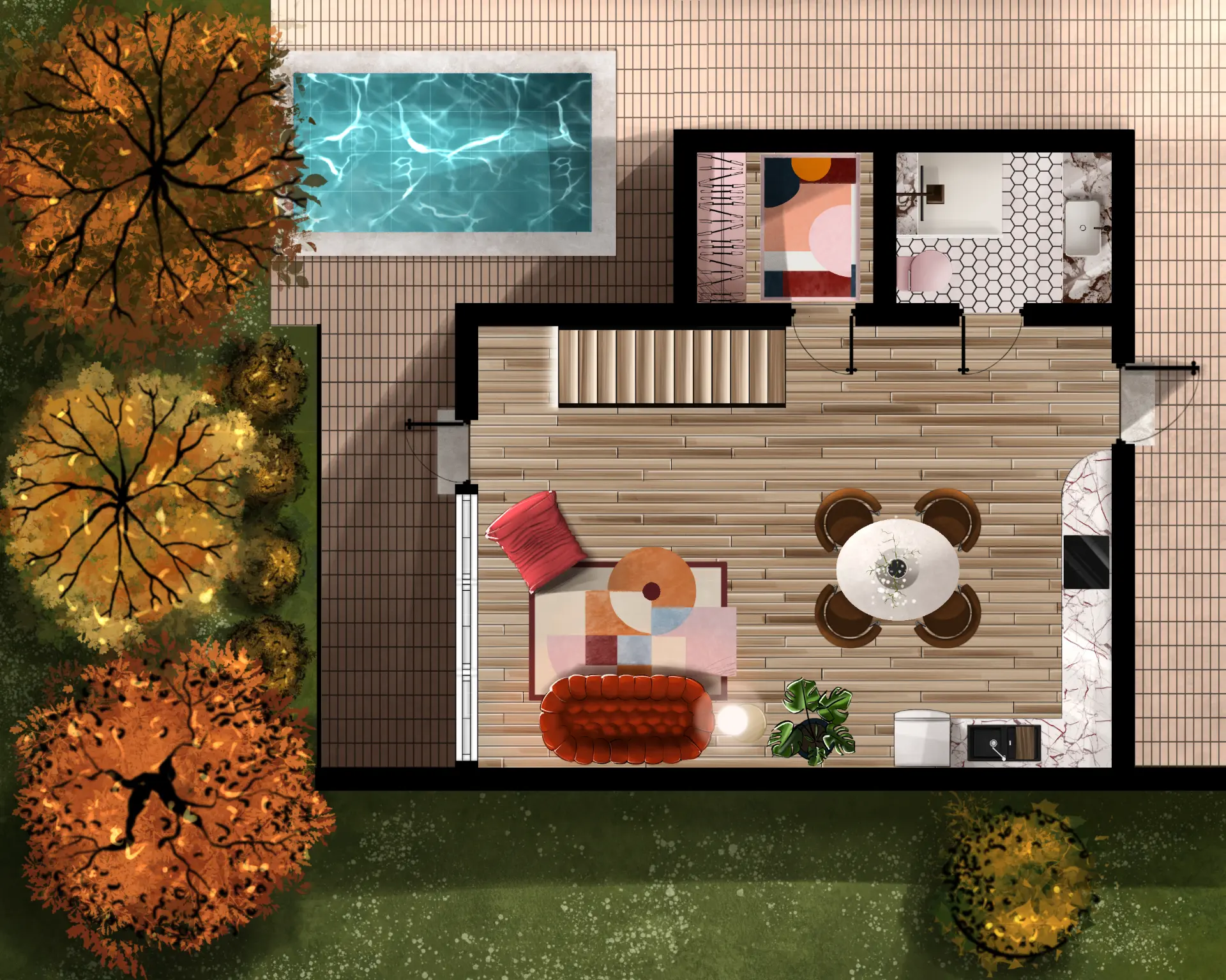Illustration en vue de dessus du rez-de-chaussée d'une maison en automne, piscine, salon coloré et arbres aux feuillages orangés