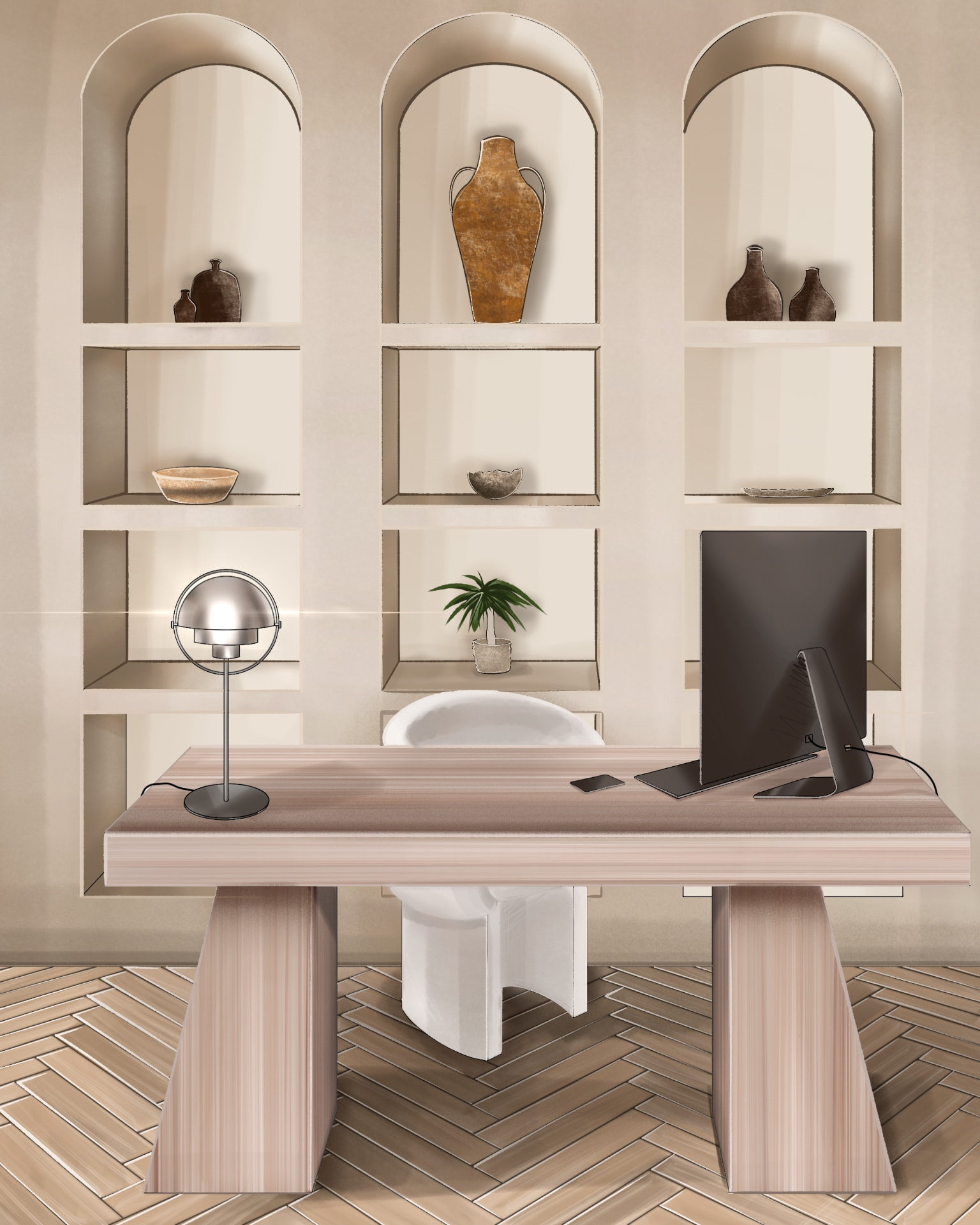 Illustration d'un bureau en bois clair devant une bibliothèque en arches garnie de vases en céramique, sur un parquet en chevrons