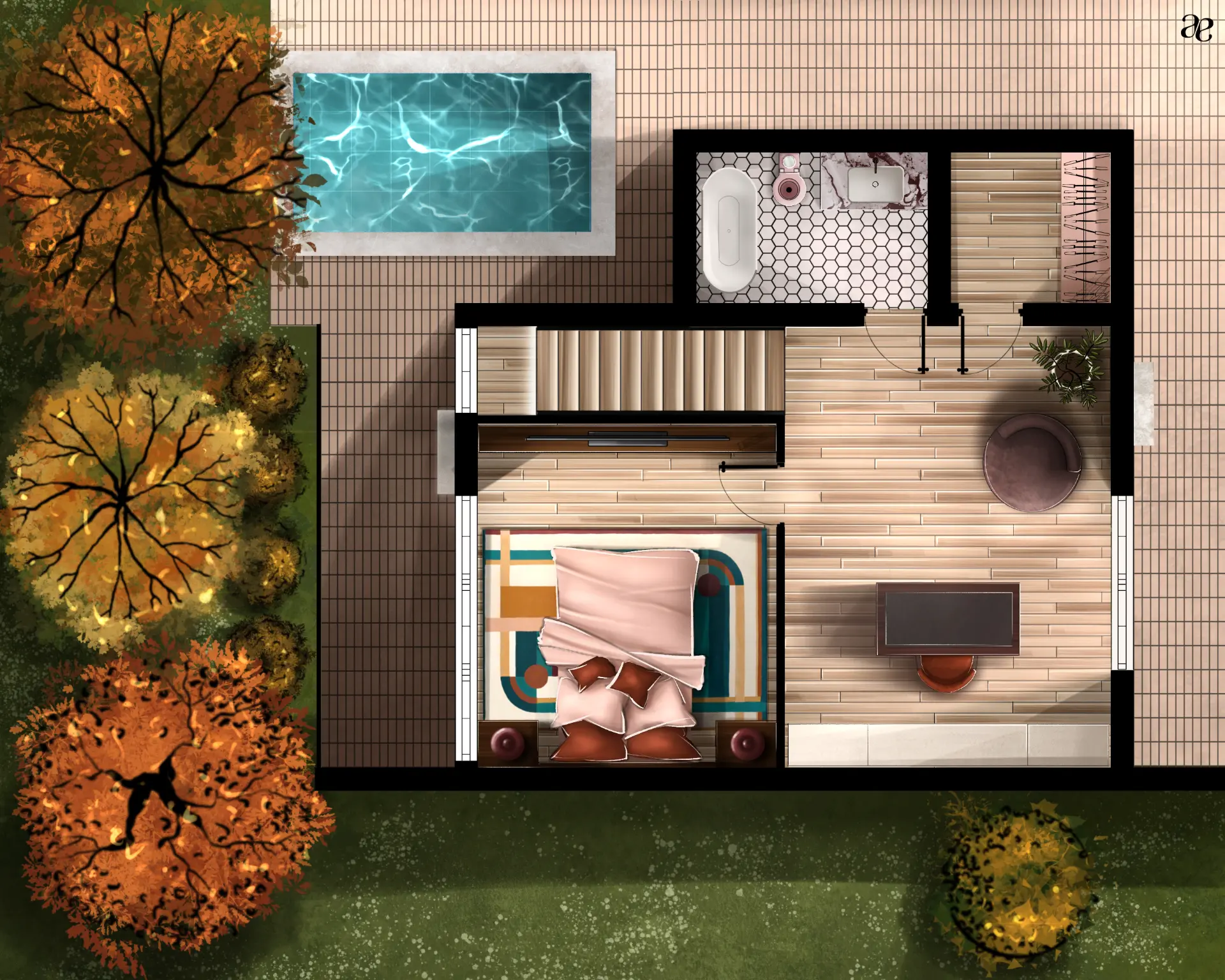 Illustration en vue de dessus de l'étage d'une maison en automne, chambre, baignoire îlot et bureau, entourés d'arbres orangés
