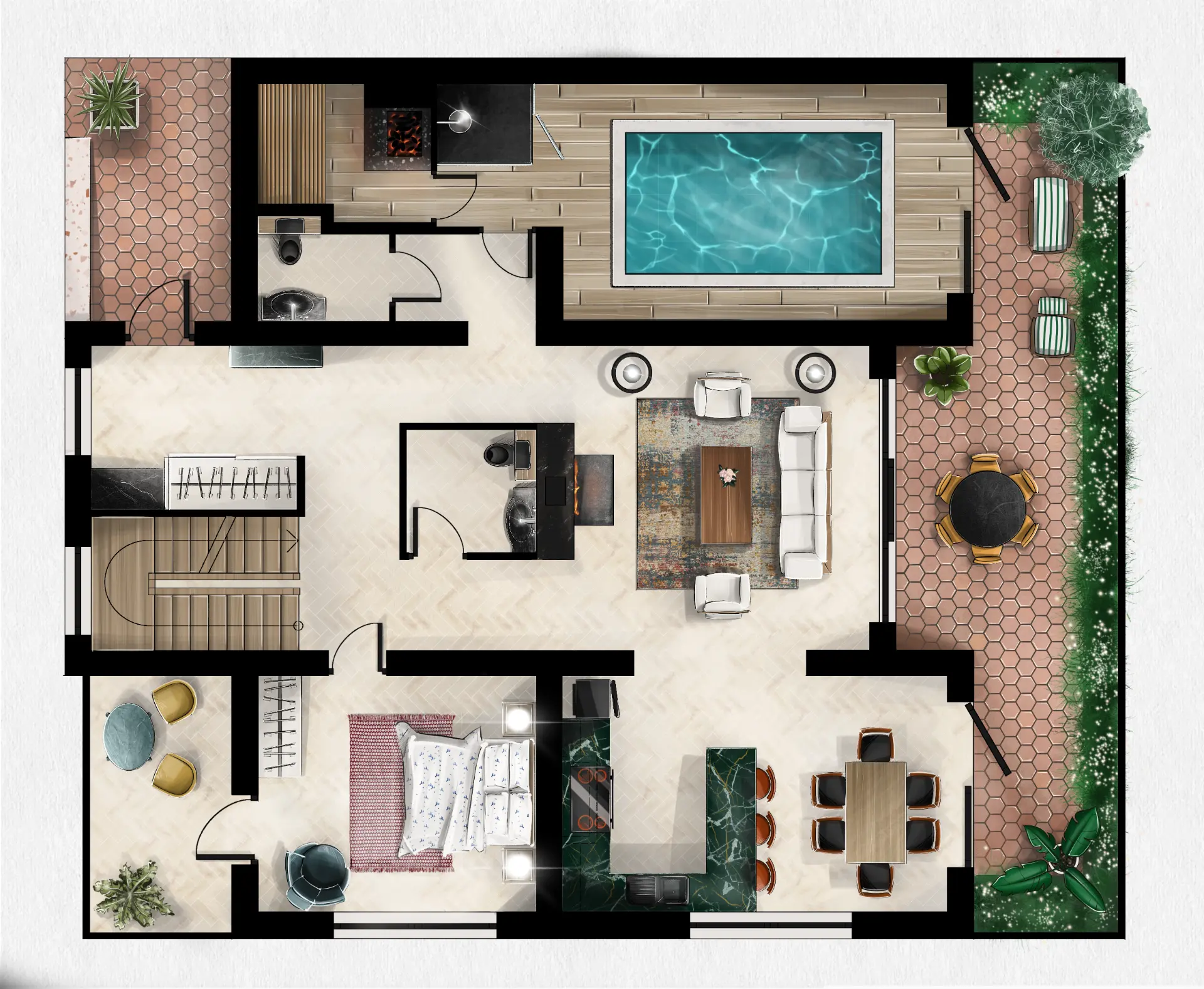 Illustration en vue de dessus d'une maison avec piscine, salon, chambre, cuisine en marbre vert et terrasse en tomettes bordée de verdure