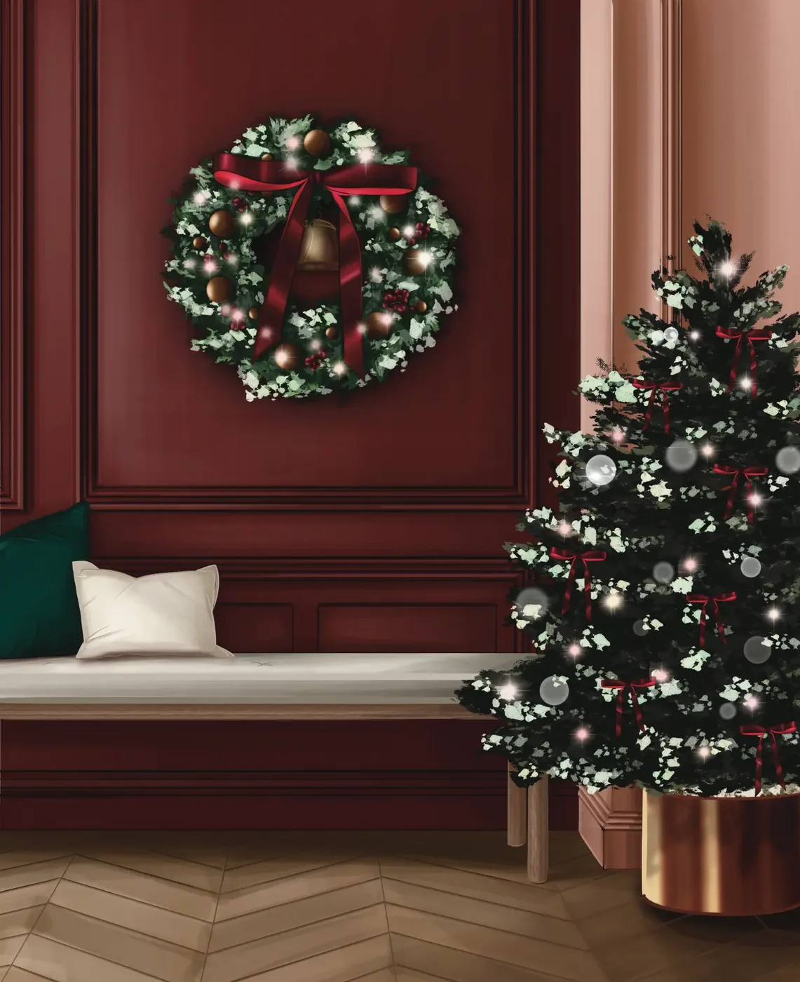 Illustration d'un salon aux boiseries bordeaux décoré pour Noël, avec une couronne, un sapin illuminé et une banquette