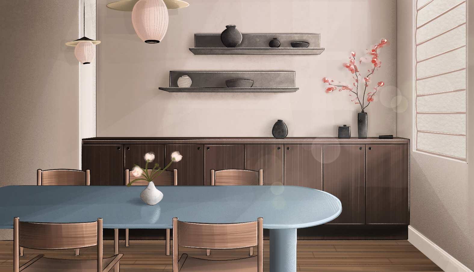 Illustration d'une salle à manger d'inspiration japonaise, table bleue, buffet en bois sombre, suspensions en papier et branche de cerisier