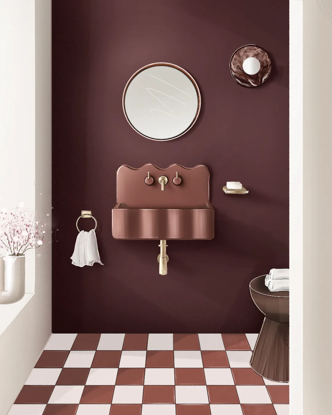 Illustration d'une salle de bains aux murs pourpres, vasque ondulée rose, miroir rond et sol en damier
