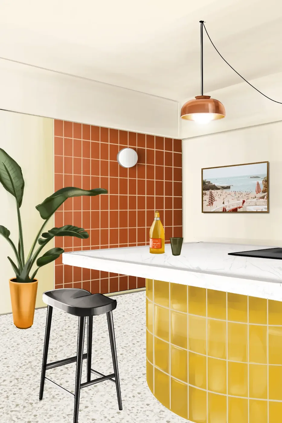Illustration d'une cuisine lumineuse avec un îlot carrelé jaune, un tabouret noir, une suspension cuivrée et une plante verte