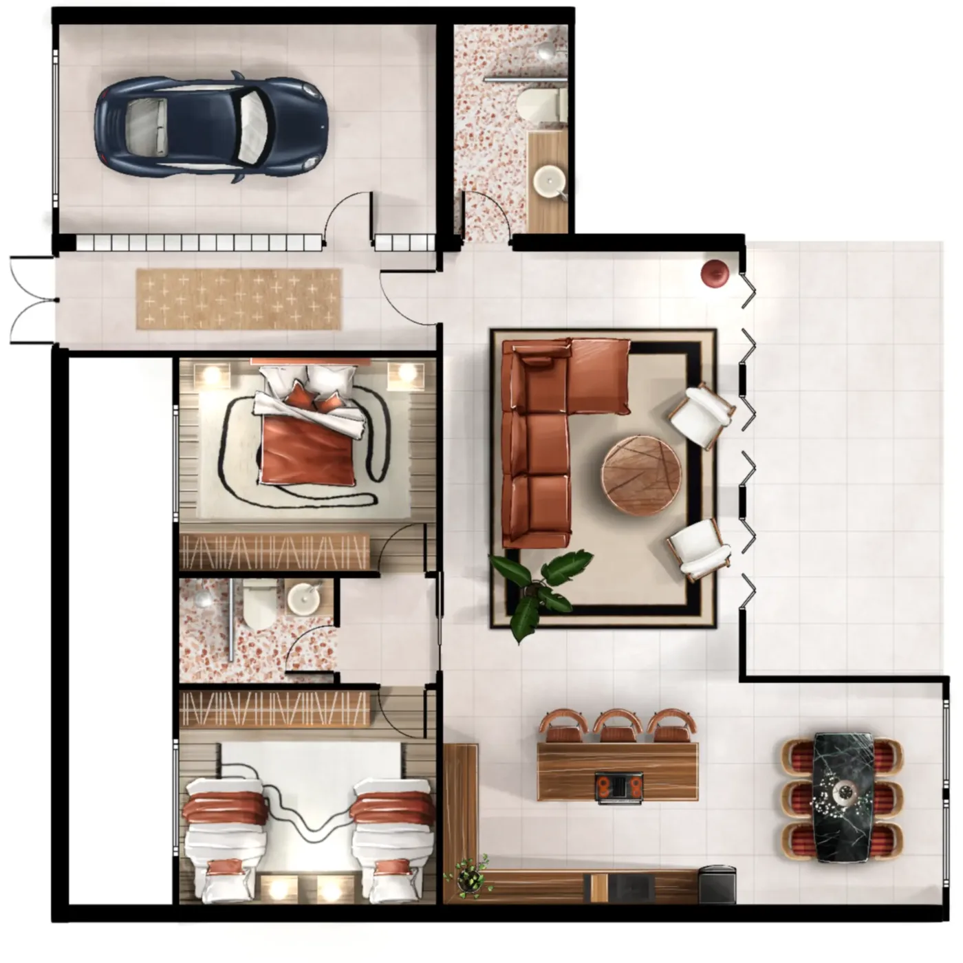 Illustration en vue de dessus du plan en couleur d'un appartement, avec garage, chambres, salon et salle à manger