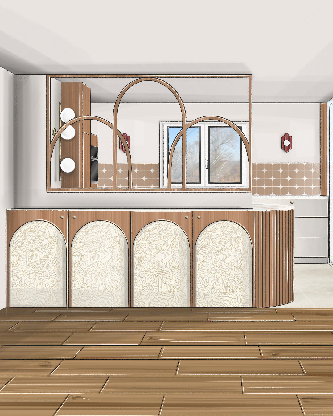 Illustration d'une cuisine aux façades en arches et bois de noyer, verrière arrondie et carrelage étoilé