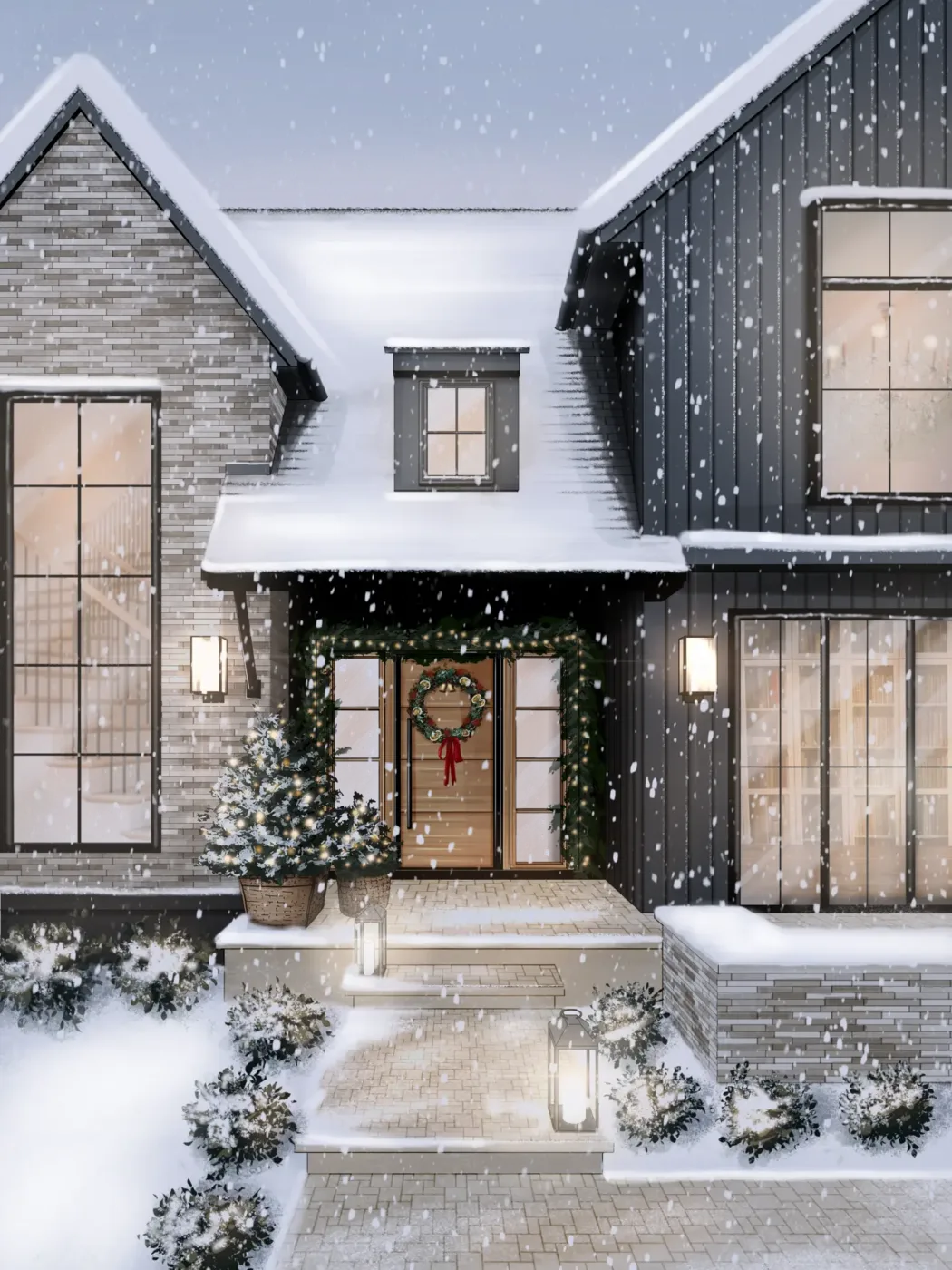 Illustration de la façade d'une maison en pierre et bardage sombre sous la neige, couronne de Noël sur la porte d'entrée