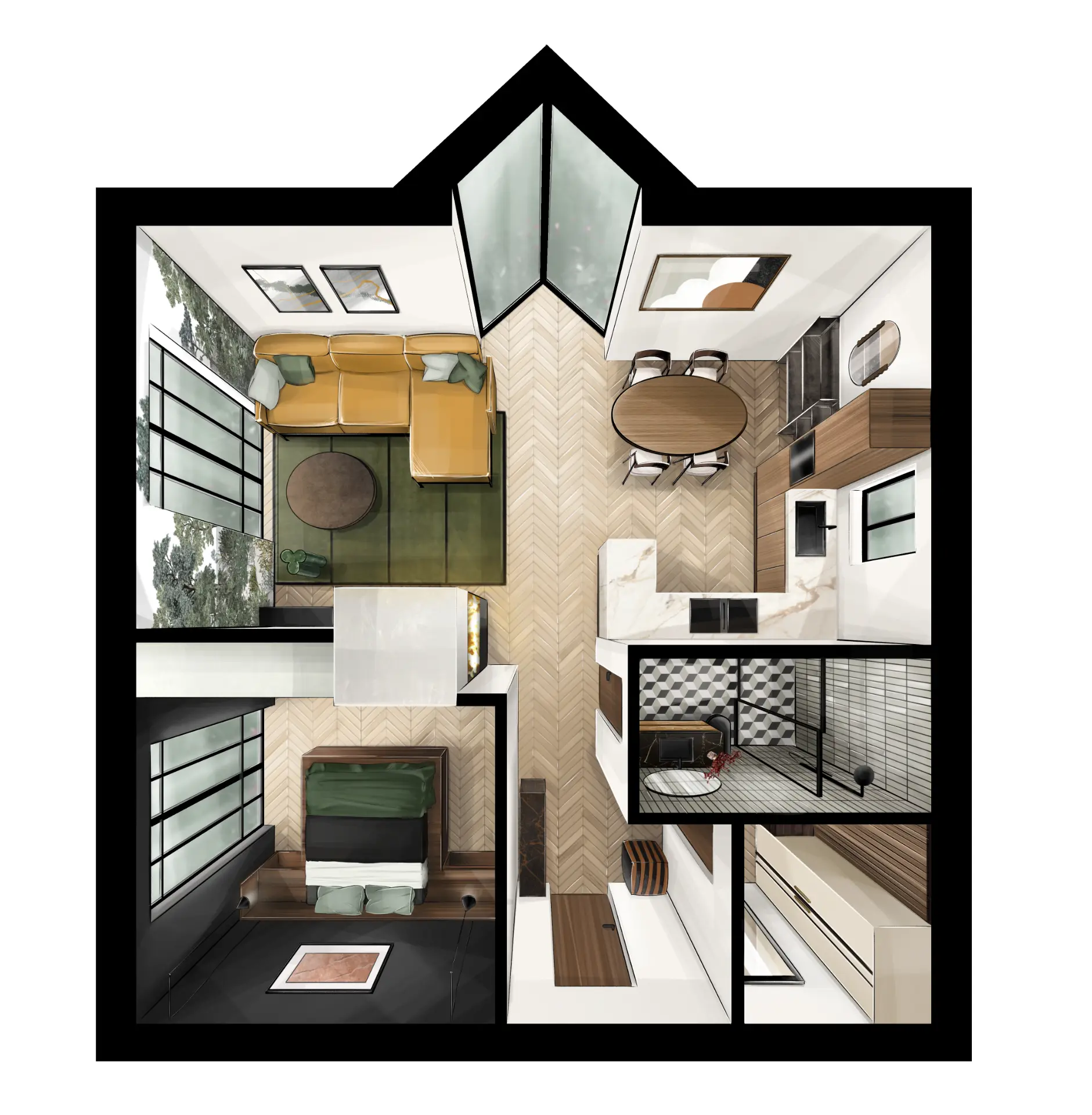 Illustration en vue de dessus d'un appartement avec canapé moutarde, tapis vert, parquet en chevrons et salle de bains en carreaux géométriques