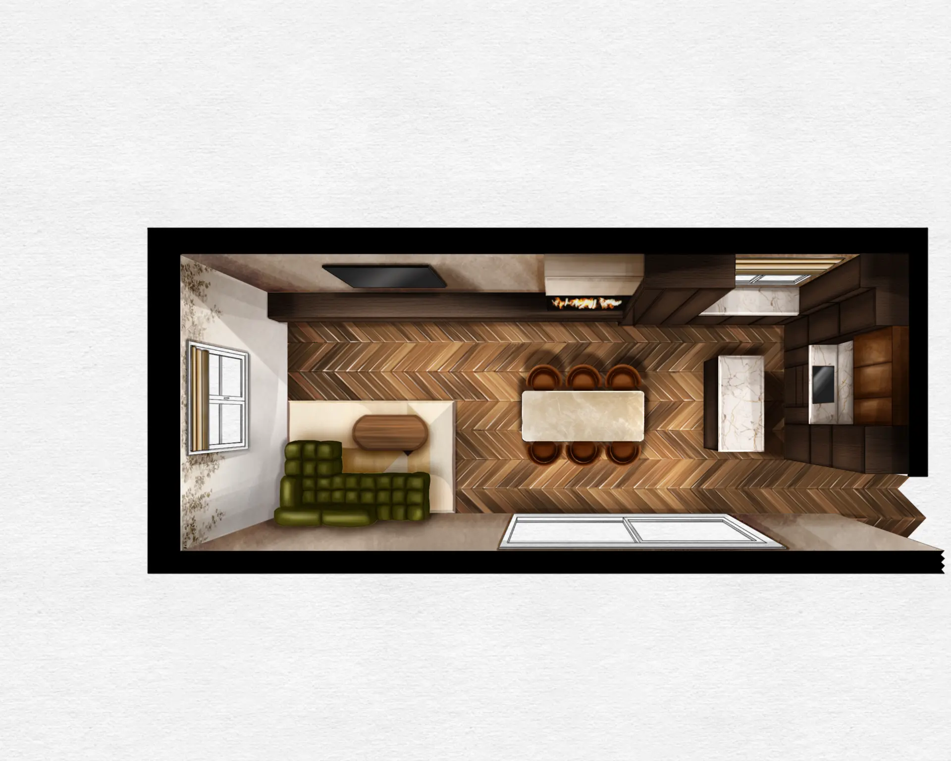 Illustration en vue de dessus d'un séjour en longueur avec canapé vert, table en marbre, cheminée et parquet en chevrons
